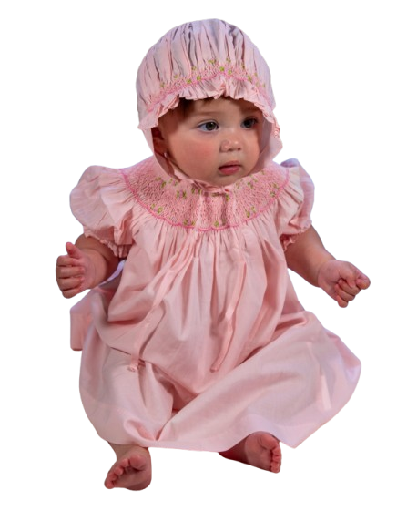 10110 - Solid Pink Smocked Short Sleeve Bishop Dress with Beautiful Smocked Bonnet