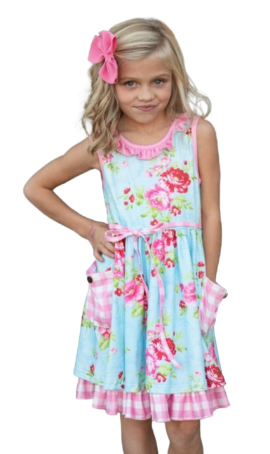 117386843 - Pink & Blue Floral Gingham Check Pocket Ruffle Dress