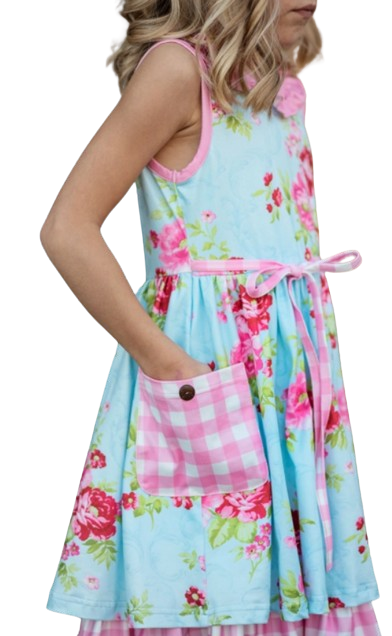 117386843 - Pink & Blue Floral Gingham Check Pocket Ruffle Dress