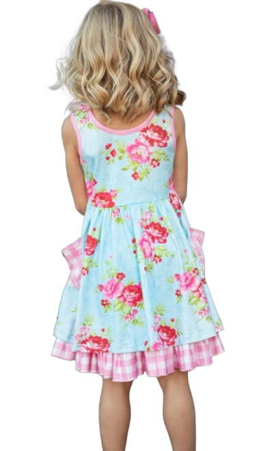 117386843 - Pink & Blue Floral Gingham Check Pocket Ruffle Dress