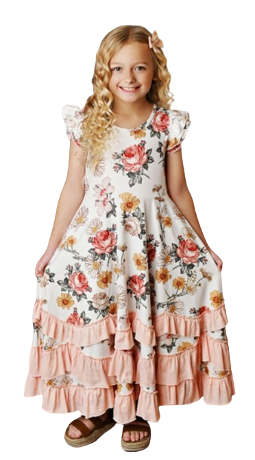 117513829 - Ivory Botanical Flutter Sleeve Ruffles Summer Dress