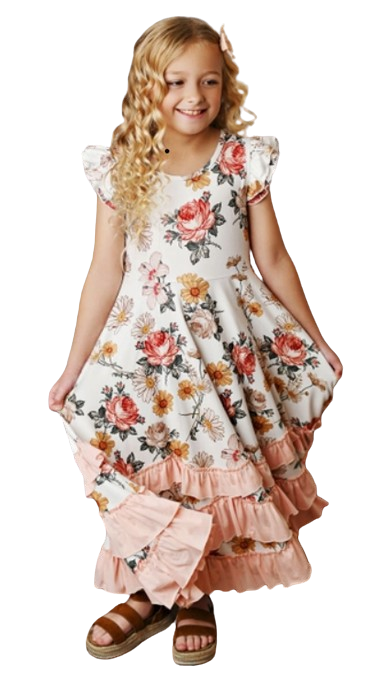 117513829 - Ivory Botanical Flutter Sleeve Ruffles Summer Dress