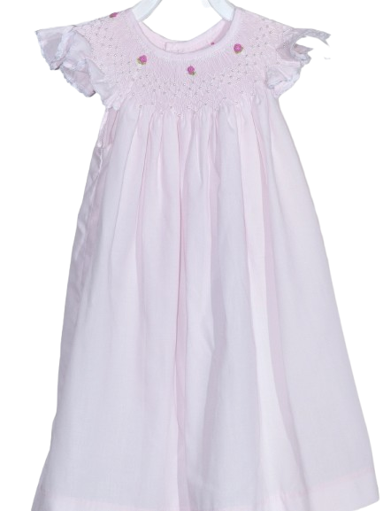 12461 - Pink Geometric Smocked with Flowers Angel Sleeve Dress