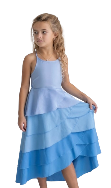 117381504 - Blue Ombre Waterfall Layered Summer Halter Hi Lo Dress