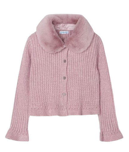4362 - Cárdigan de punto para niña con cuello de piel sintética