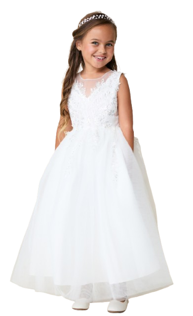 TTK5876 - Girls V Neckline Bodice with 3D Leaves and Beading and Mesh Skirt