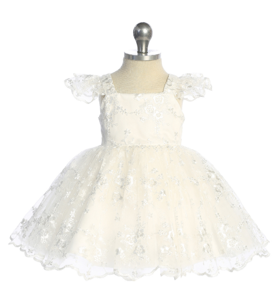 TT5919SI - Baby Girls All Lace Flutter Sleeve Dress