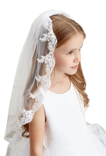 TTK604 - Tip Top Girls First Communion Mantilla Veil with a Lace Applique Trim Cadiz Boutique, Inc.