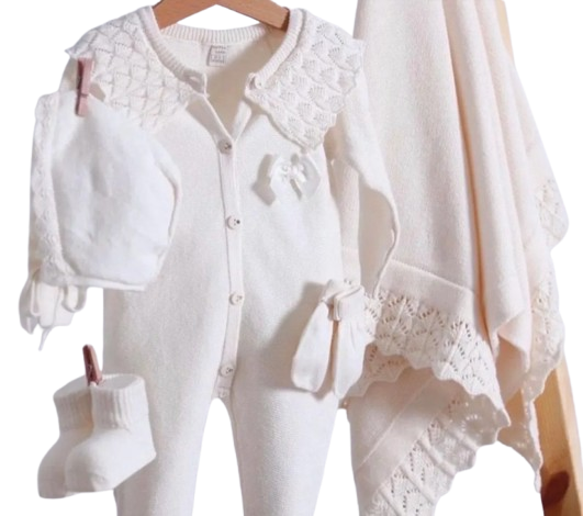 7007 - 5 Piece Knit Newborn Girl Coming Home Outfit: Organic Cotton Layette