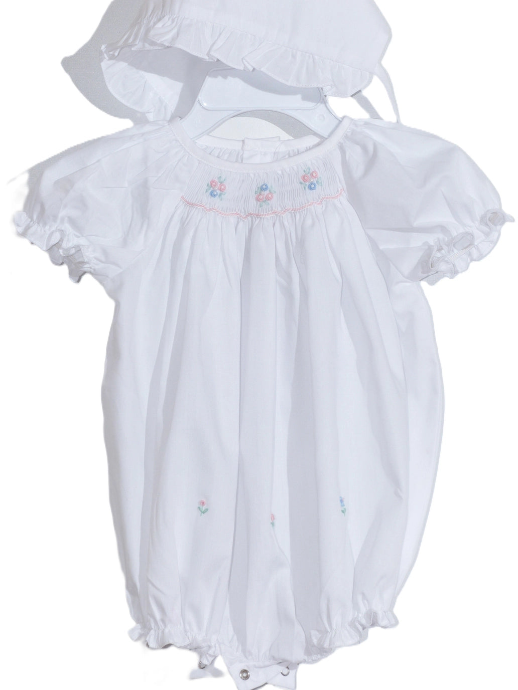9312 - White Geometric Smocked with Flowers Short Sleeve Dress & Beautiful Bonnet