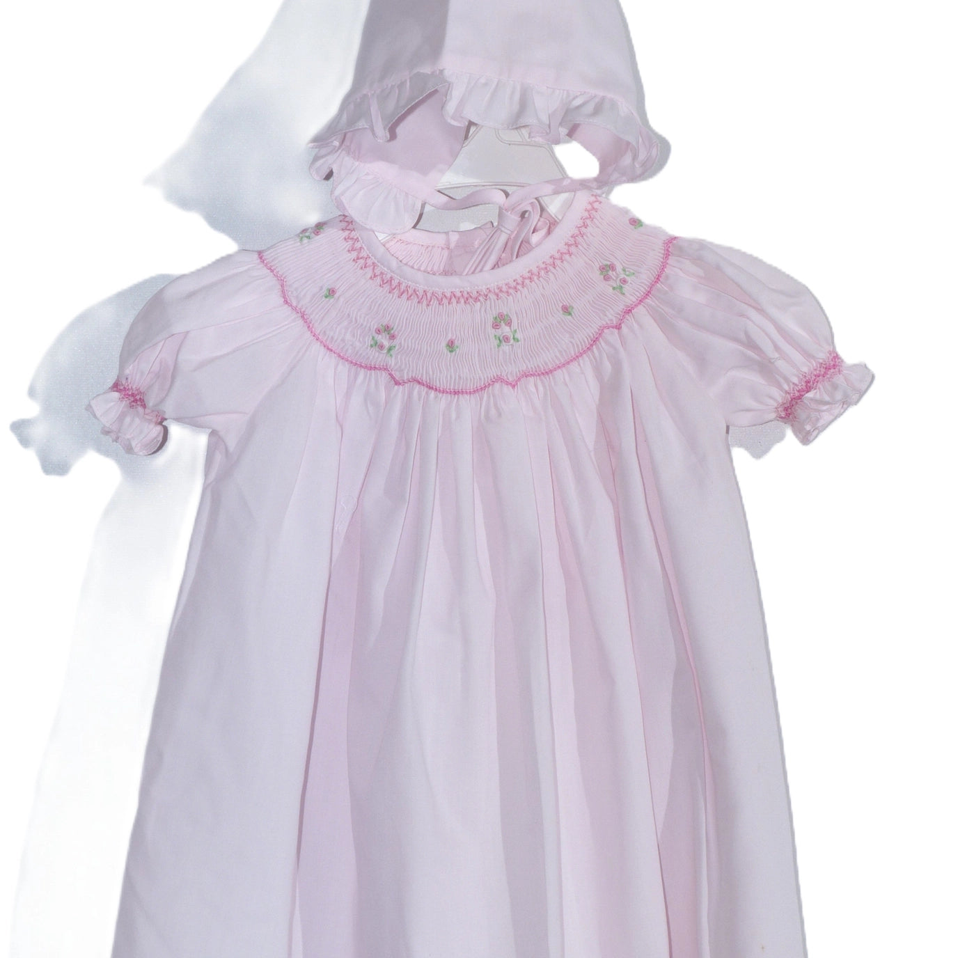 9330 - Pink Geometric Smocked with Flowers Short Sleeve Dress & Beautiful Bonnet