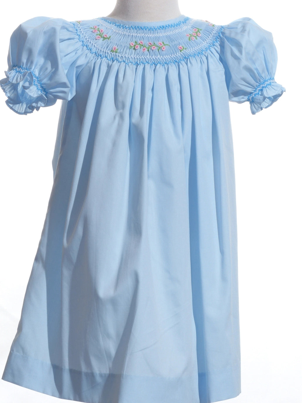 9594 - Blue Geo Smocked with Flowers Short Sleeve Bishop Dress