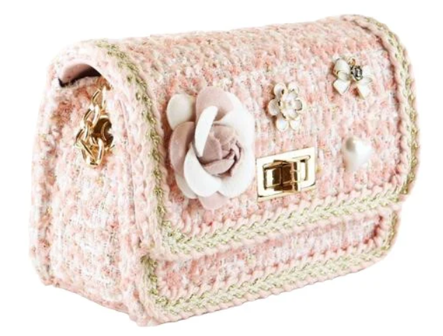 B1306A - Floral Brooch Tweed Purse - Pink