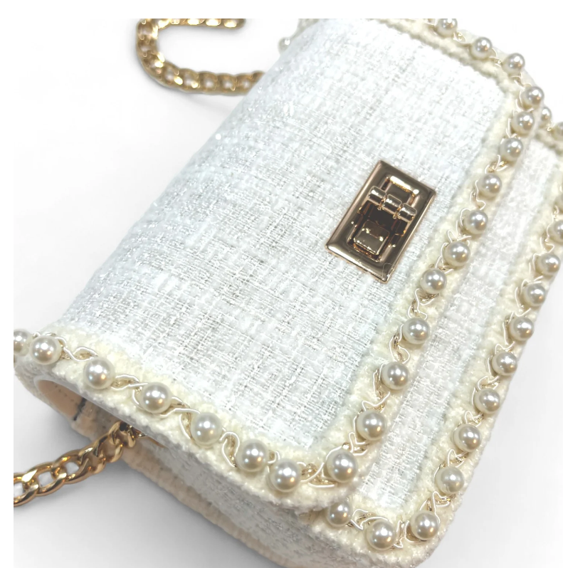 B1306 - Cartera de tweed con ribete de perlas - Blanco