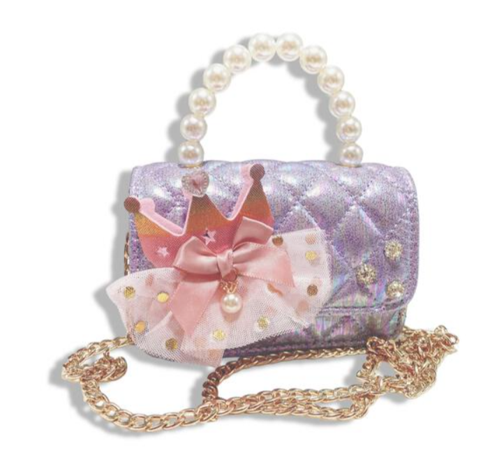 B1343P - Crown Applique Shiny Quilted Purse - Purple