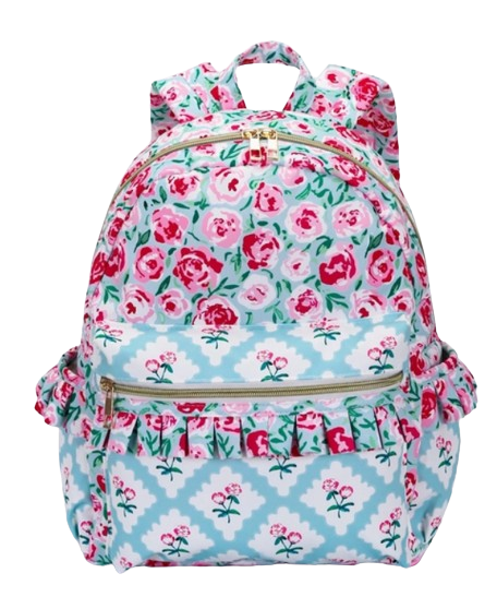 BA0100-M - Mochila con volantes para niños con flores rosas