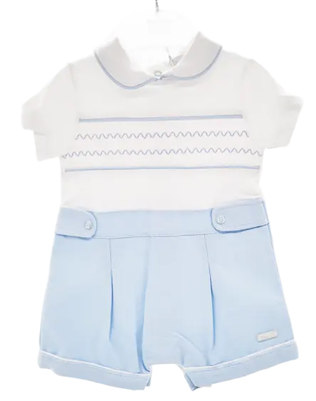 BB0302 - Blue & White Woven Pique Romper Cadiz Boutique, Inc.