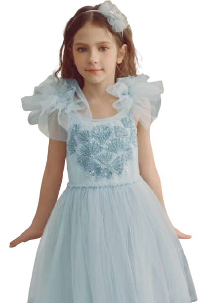 TUS-KDR2 - Vestido de niña con mangas abullonadas y bordados vibrantes