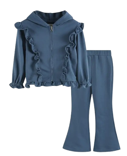 40031 - Conjunto de sudadera con capucha y pantalón acampanado con volantes y cremallera en color azul cobalto