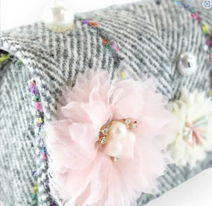 B1305 - Doe A Deer Floral Appliques Tweed Purse Cadiz Boutique, Inc.