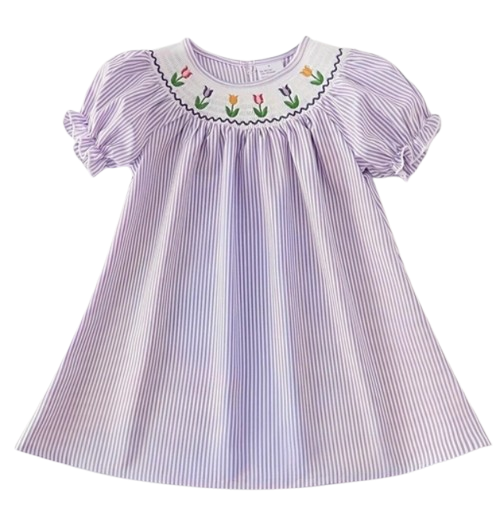 DRG201 - Girls Striped Short Sleeve Embroidered Dress