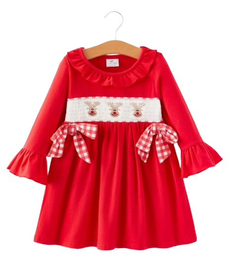 DRG42928 - Christmas Bow Red Smocking Embroidery Girls Dress