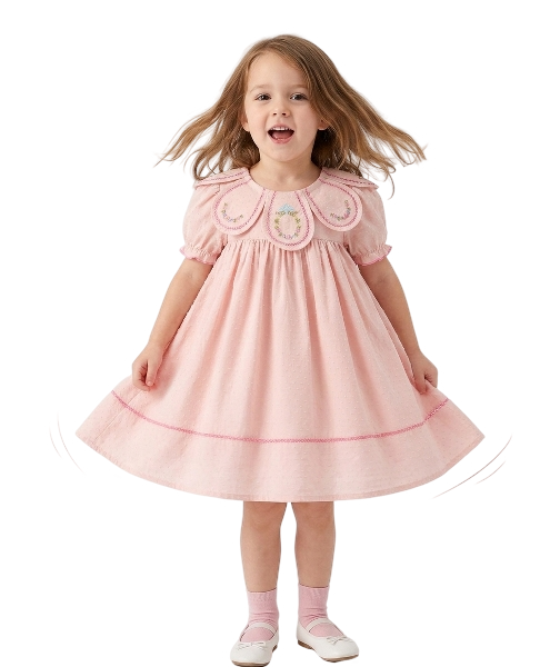 DRG62995 - Fall Baby Girl Pink Floral Embroidered Peter Pan Collar Dress