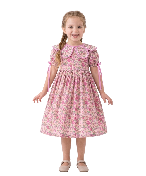 DRG63922 - Pink Floral Bow Petals Collar Girls Dress