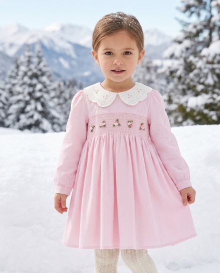 DRG64013 - Fall Pink Smocked Girls Dress Peter Pan Collar Long Sleeve Floral Detail