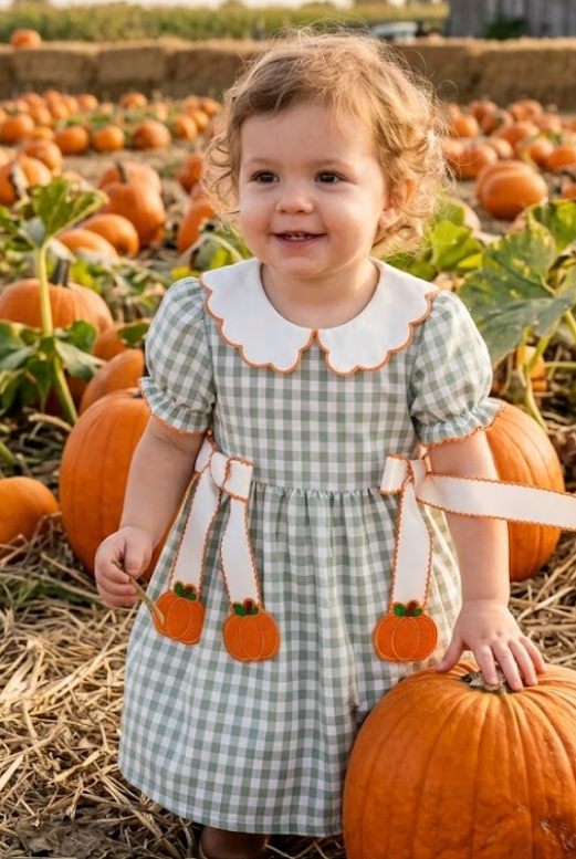 DRG64225 - Fall Plaid Girls Dress Pumpkin Bow Smocked Peter Pan Collar