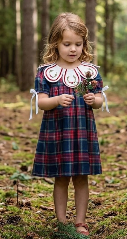 DRG64496 - Navy Red Christmas Plaid Wreath Embroidered Girl Dress