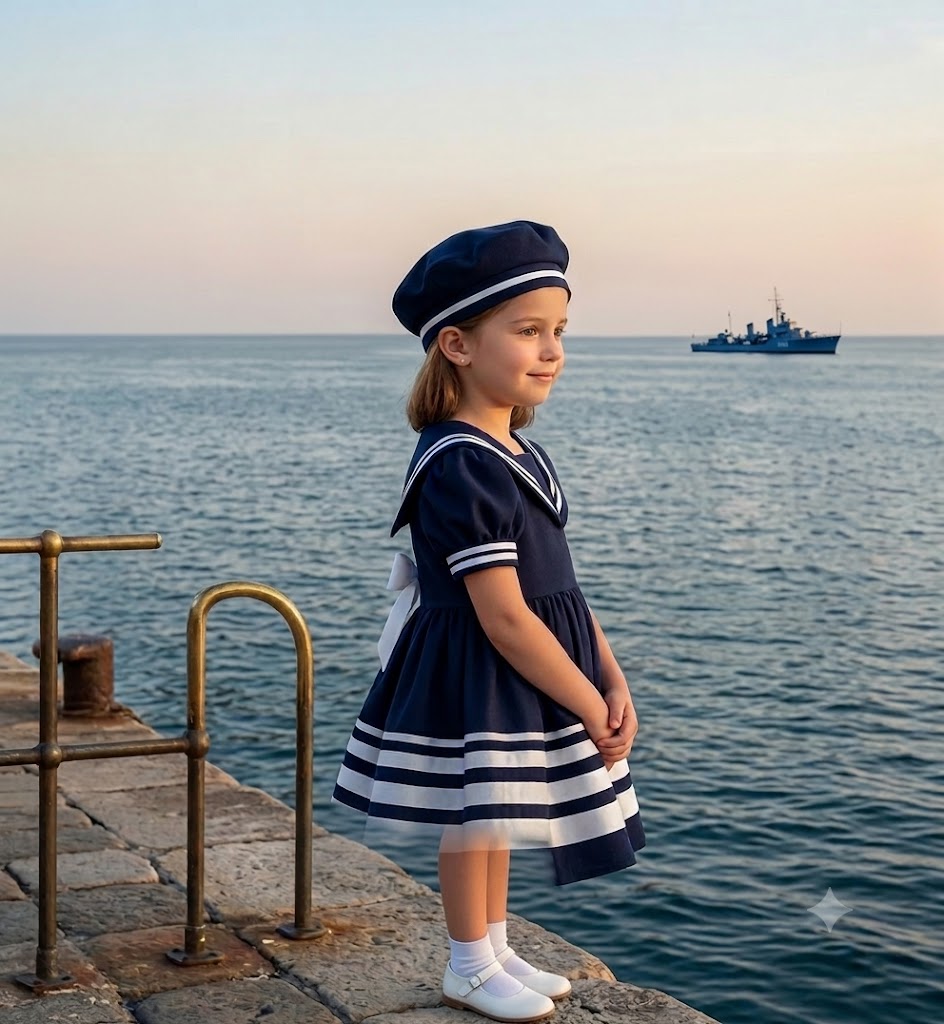 FS167N - NAVY NAUTICAL SAILOR DRESS AND HAT - STRIPED SKIRTB