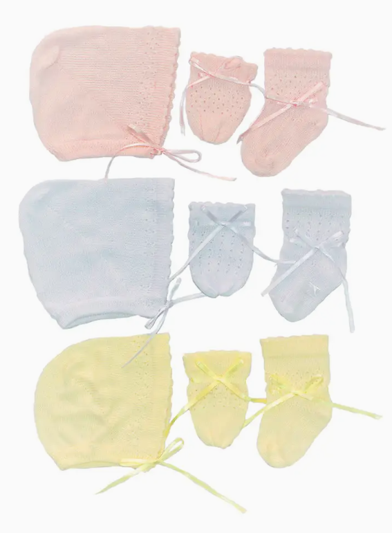 K016 - Knitted Bonnet, Socks and Mittens Set in Cotton