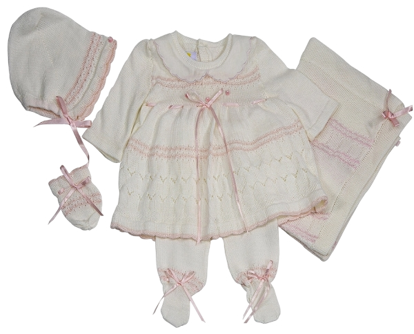 KR2533WB - Ivory Knitted Baby Bodysuit Set with Bonnet & Mittens
