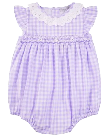 NP232 - Lavender Gingham Smocked Romper Cadiz Boutique, Inc.