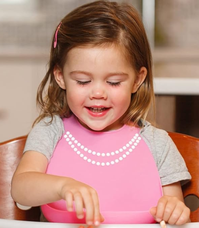 BB122 - Make My Day Soft Silicone Baby Bib Pink with White Pearls
