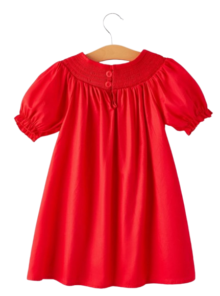 DRG42836 - Girls Bow Smocking Embroidered Red Dress