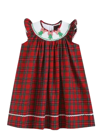 321291 - Lil Cactus Red and Green Plaid Christmas Tree Smocked Bishop Dress Cadiz Boutique, Inc.