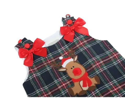 33644 - Lil Cactus Navy and Red Plaid Reindeer Ruffle Dress Cadiz Boutique, Inc.