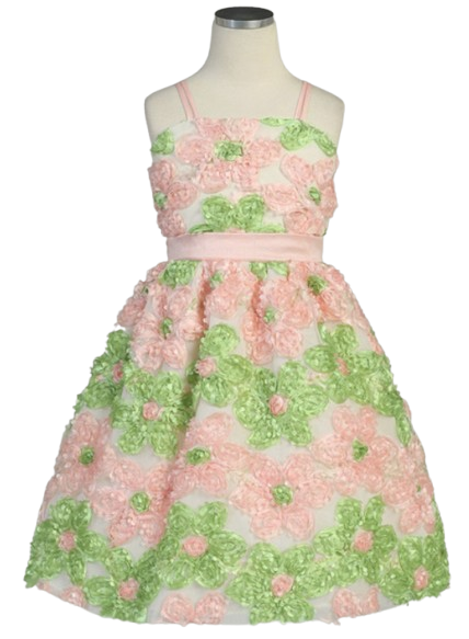 SK325G - Pink/ Apple Green Daisy Ribbon Novelty Spaghetti Strap Dress