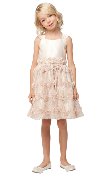 SK476C - Shabby Satin Champagne Emb Flower Girl Dress