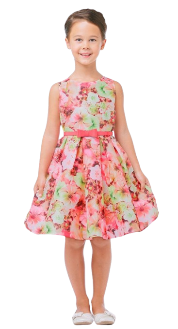 SK640 - Pink Mixed Modern Flower Dress w/ Belt