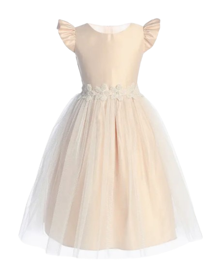 SK948 - Mangas de satén con volantes, parche de tul y flores