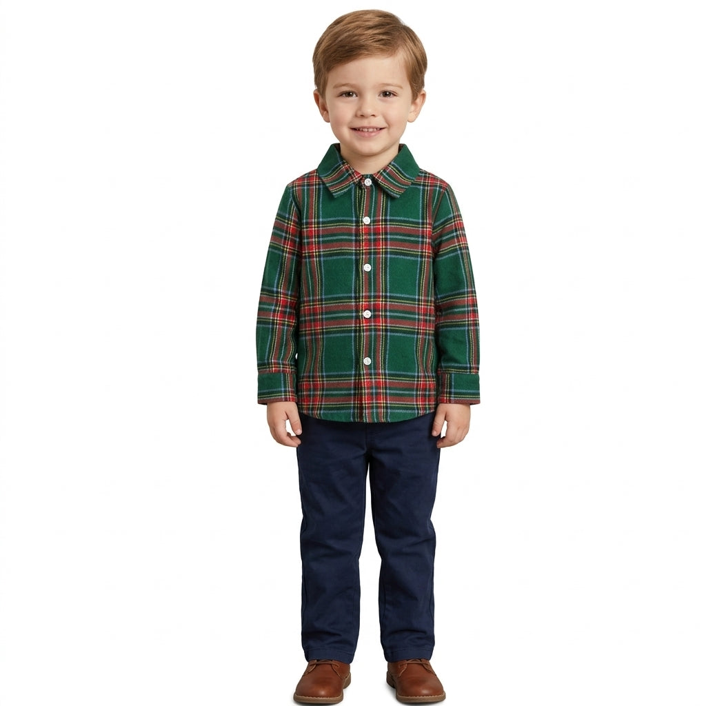 TPB60409 - Christmas Plaid Boys Button Down Shirt Long Sleeve Holiday Top