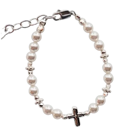 CHR-01H - Sterling Silver Pearl Cross Baby Bracelet Baptism Gift Cadiz Boutique, Inc.