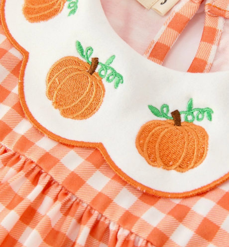 DRG64041 - Fall Pumpkin Embroidered Puff Sleeve Girls Dress