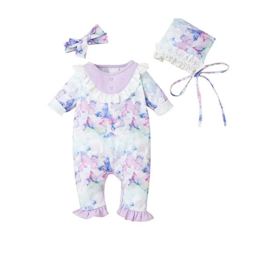 3 Pieces Infant Girl Butterfly Flared Jumpsuit & Hat &Headband Cadiz Boutique, Inc.