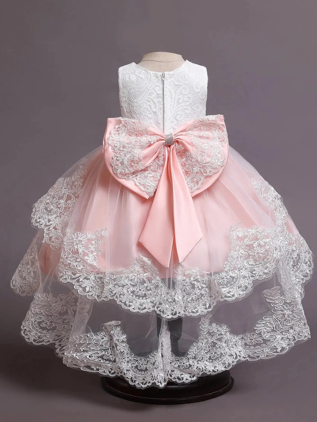 57049 - Toddler Girls Contrast Lace Big Bow Back High Low Hem Gown Dress Cadiz Boutique, Inc.