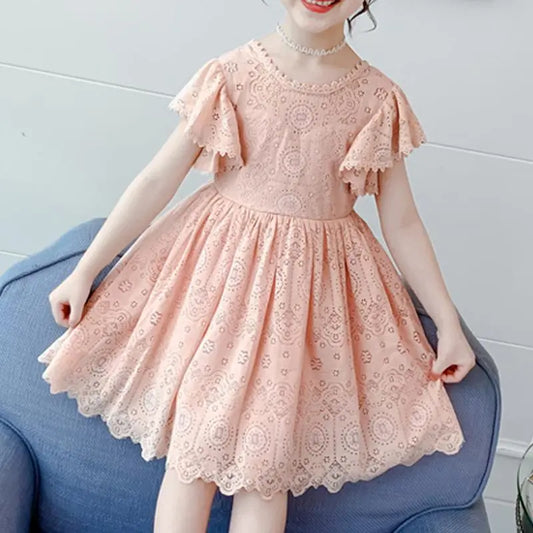 937572- Girl Solid Color Lace Princess Dress Pink Cadiz Boutique, Inc.