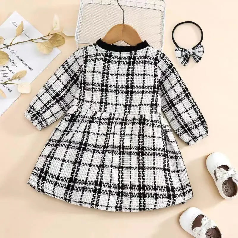 KD162030 - Checked Double Breasted Wholesale Baby Girl Dresses With Headband Cadiz Boutique, Inc.